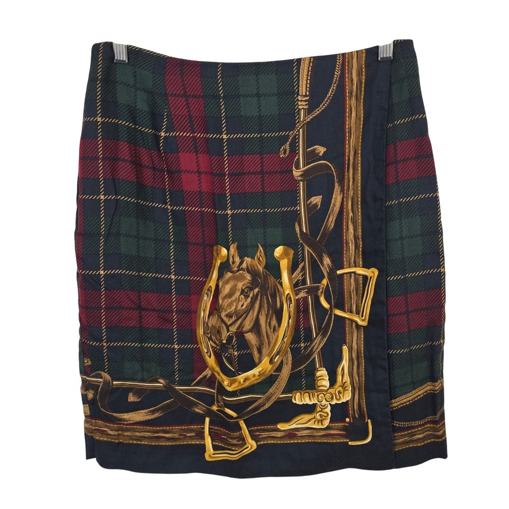 Brooks Brothers Women 14 Plaid Equestrian Horse Scarf Print Rayon Skirt USA Made